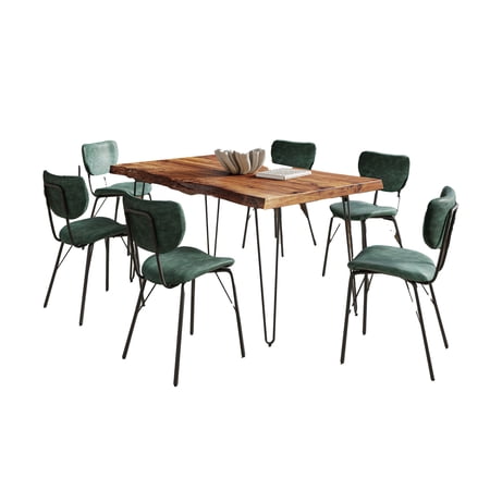 Nature s Edge 60 Seven Piece Modern Dining Set with Upholstered Contemporary Chairs - Chestnut and Jade
