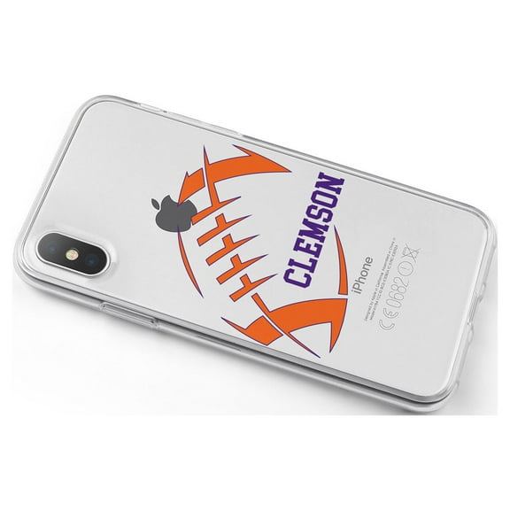 DistinctInk Clear Shockproof Hybrid Case for iPhone X / XS (5.8" Screen) - TPU Bumper, Acrylic Back, Tempered Glass Screen Protector - Clemson Football - Orange, Regalia Purple