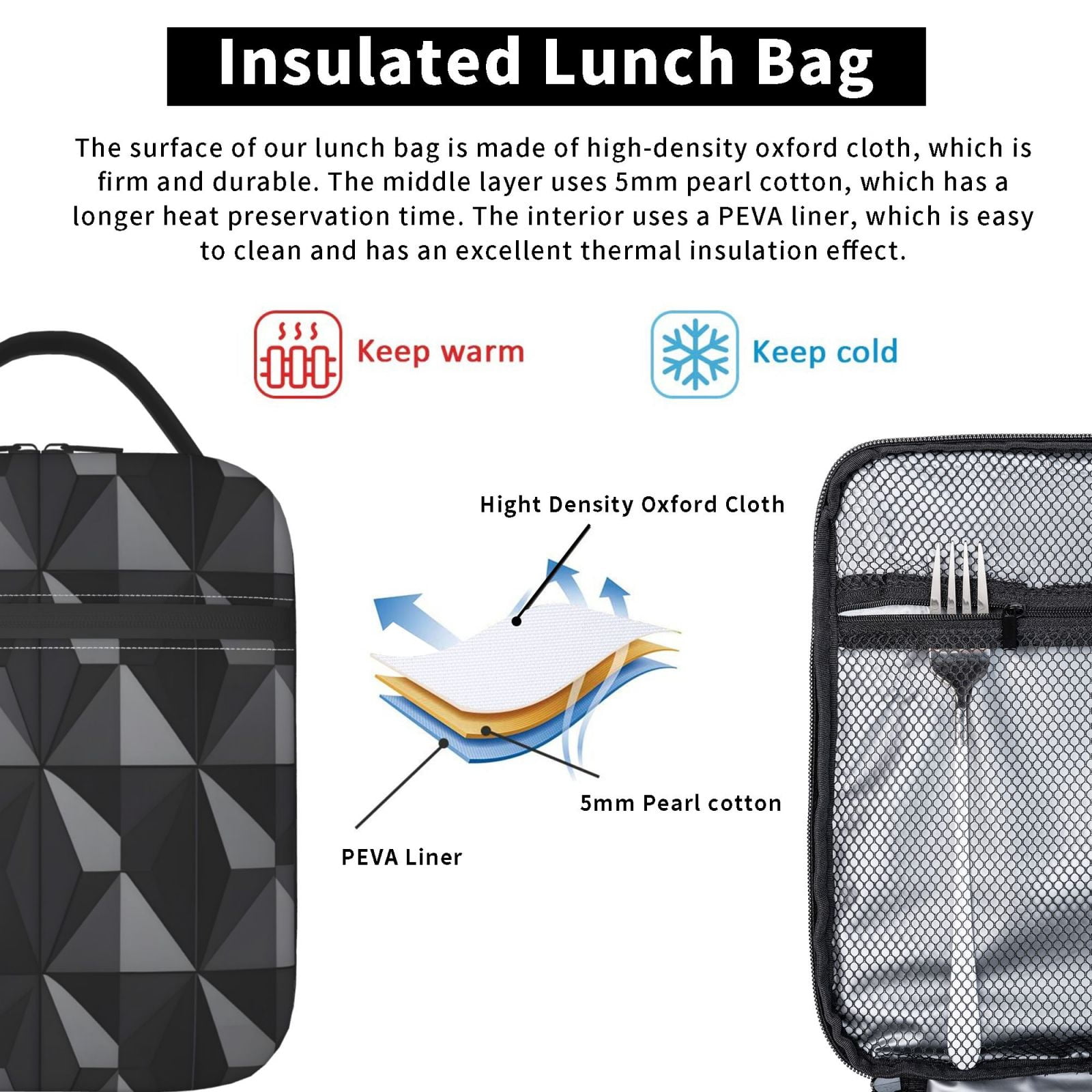 Lunch Bag For Women Men Insulated Portable Lunch Box Bento Box Office Picnic Travel Cooler Bag Dark Gray Geometric Patterns_1 (2)