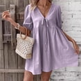 thumbnail image 2 of LNWUY Women's Summer Linen Dress Laceup V Neck Loose Short Sleeve A-Line Vacation Solid Color Casual Mini Dresses Purple XL, 2 of 7