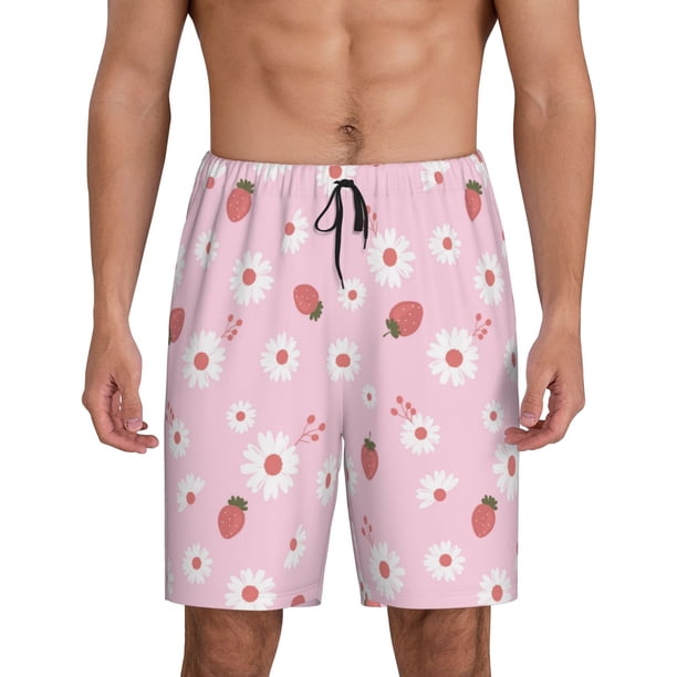 Balery Hand Drawn Strawberry Pantalones cortos de pijama de punto de algodón para hombre con cinturilla y bolsillos-Medium