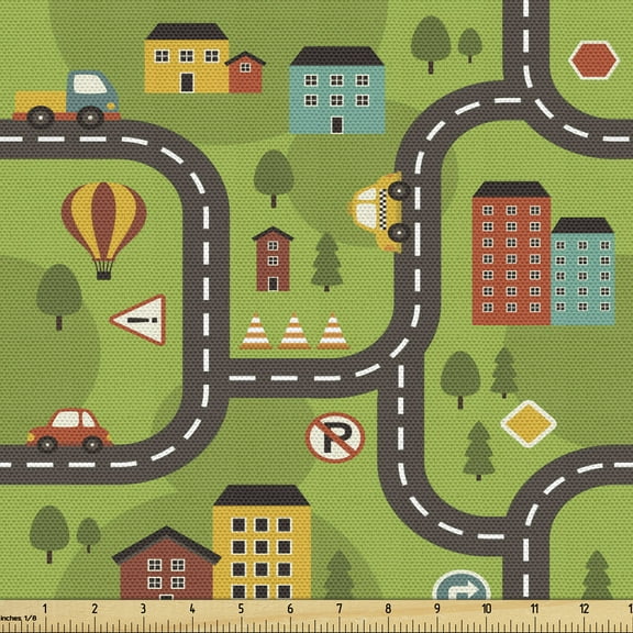 Ambesonne Car Race Track Fabric by the Yard Upholstery, Cartoon Road, 5 Yards, Multicolor