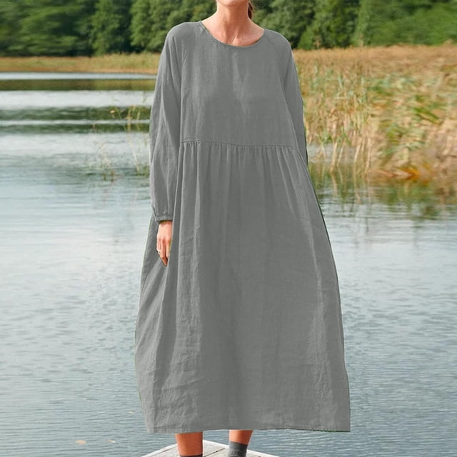 Gspmoly Robe pour Femmes, Robe Décontractée à Manches Longues en Coton et Lin Uni à Col Rond pour le Printemps et l'Été avec Poches, Robes d'Été pour Femmes, Cadeaux de Vacances