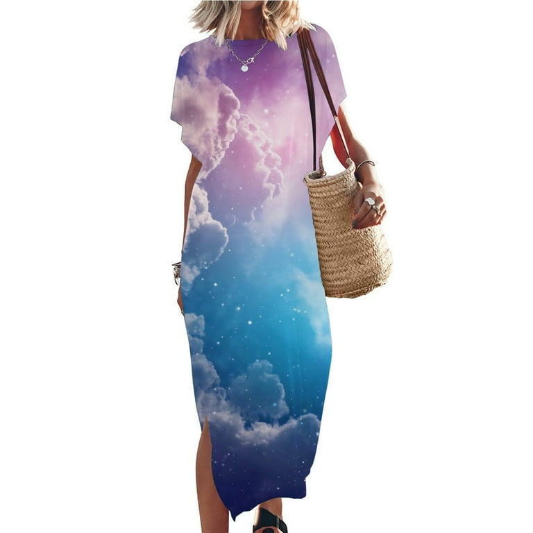 Xihbxyly Maxi Dress for Women, Women's Casual Loose Sundress Long Dress  Short Sleeve Crew Neck Split Maxi Dresses Summer Beach Dress with Pockets  Ropa En Ofertas De Liquidacion Mujer 