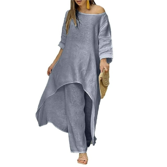 2pcs/set Loose Solid Two Piece Sets Loose Pants Suit for Shopping (Blue S)