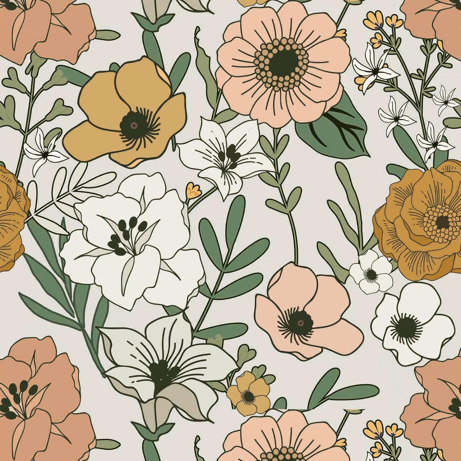 UMIGGEE 17.7-in x 393-in Vintage Floral Peel and Stick Wallpaper Boho Retro Removable Contact Paper Vinyl Self Adhesive Flower Wallpaper for Bathroom Bedroom White/Sand/Oliva