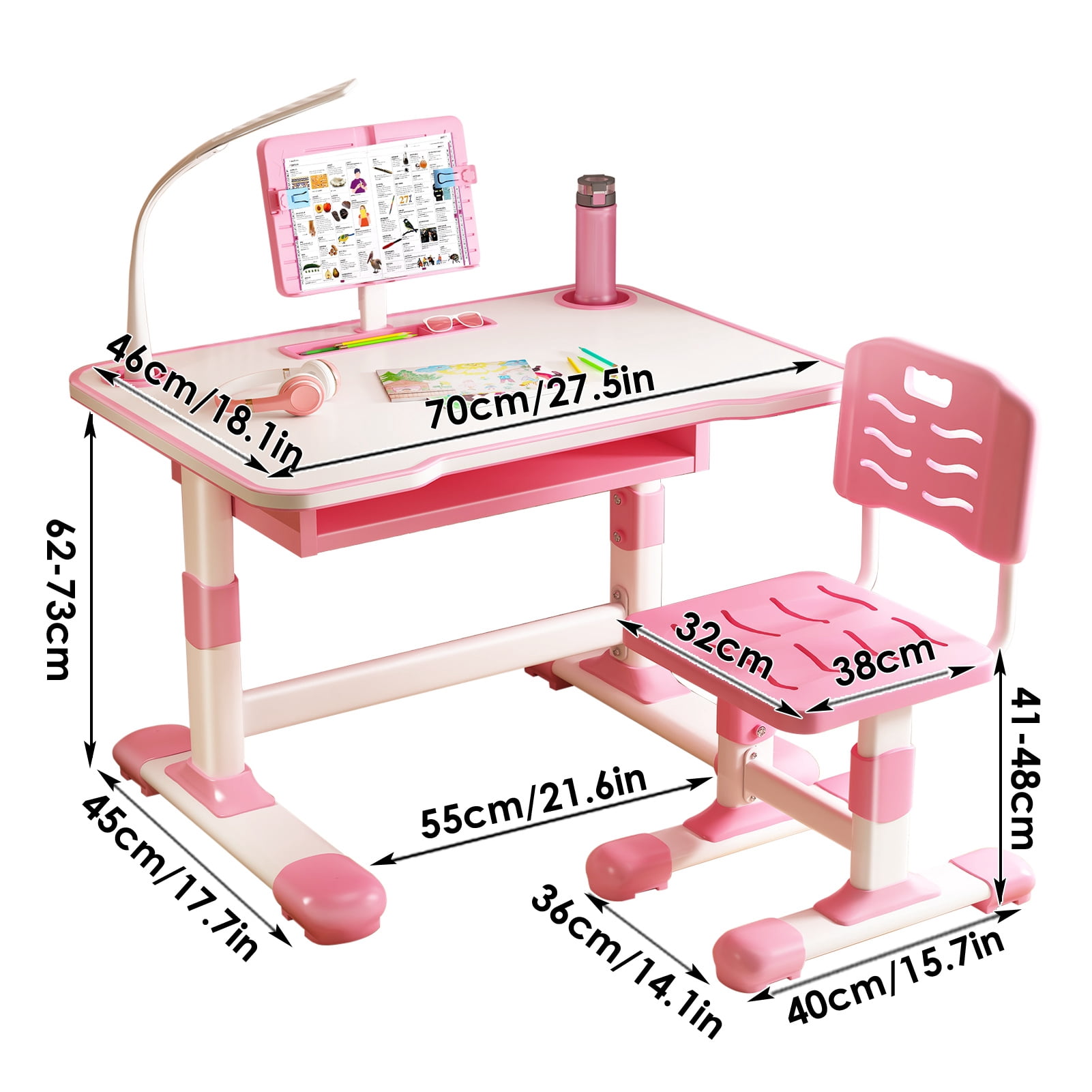 XiHe Kids' Adjustable Table and Chair Set, Activity Desk with USB Lamp, Storage Drawer for Study, Activities, Arts, or Crafts, Pink