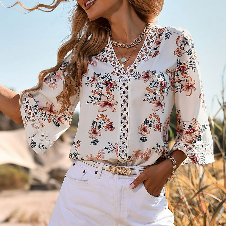 Tops for Women Boho Floral Shirts Summer Loose Casual 3/4 Sleeves Lace  Stitching V-Neck Top T-shirt Pullover Blouse