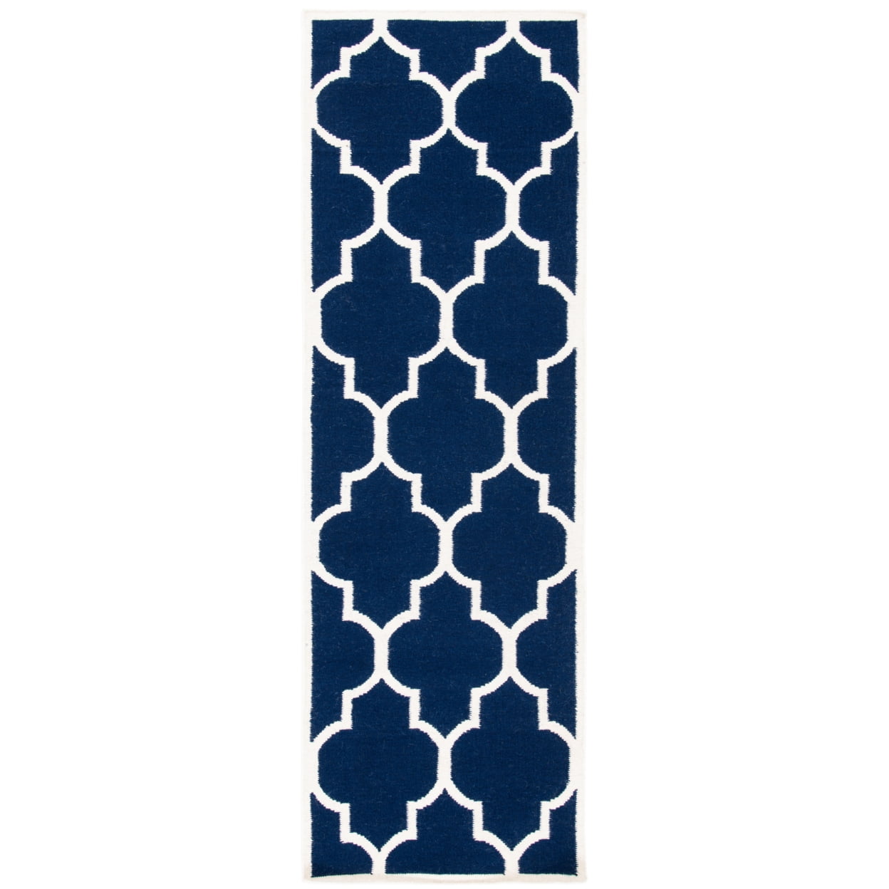 SAFAVIEH Dhurrie Toby Geometric Moroccan Wool Runner Rug, Navy/Ivory, 2'6" x 6'