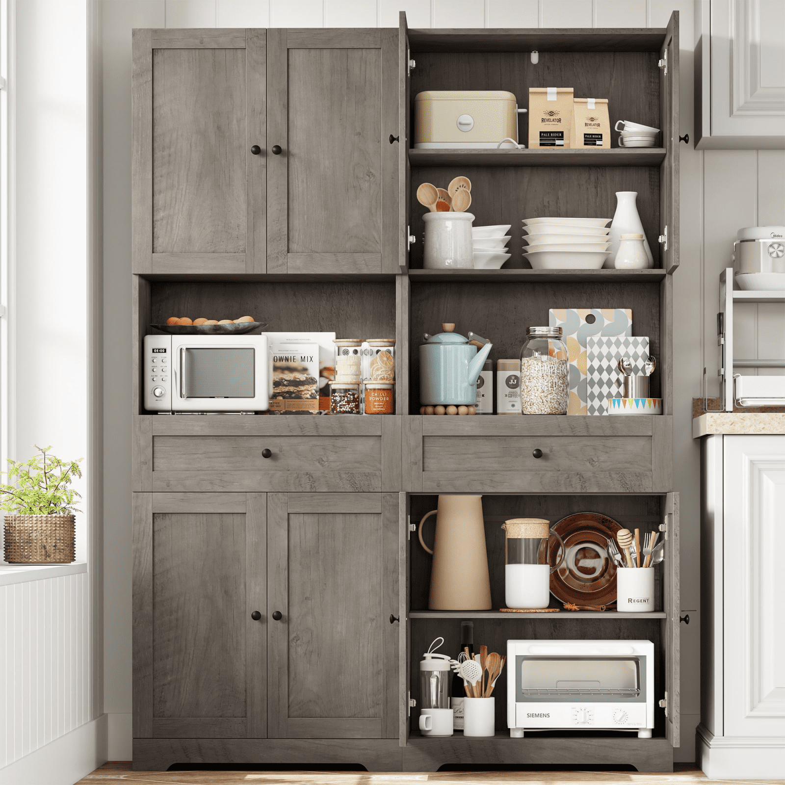 Homfa 67.5'' Tall Kitchen Pantry with Microwave Shelf, Large Storage Drawer Wood Pantry Storage Cabinet for Dining Room Living Room, Gray