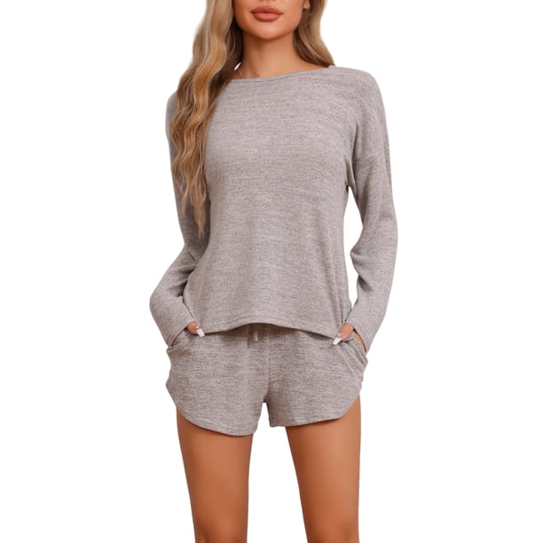 Conjunto de pijamas para mujer INSPIRE CHIC de manga larga, con cintura elástica, parte superior y pantalones cortos, conjunto de ropa de casa con bolsillos, color beige