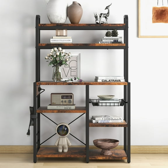 CazToi Industrial 6-Tier Bakers Rack with Power Outlet Ideal for Kitchen, Dining & Living Room