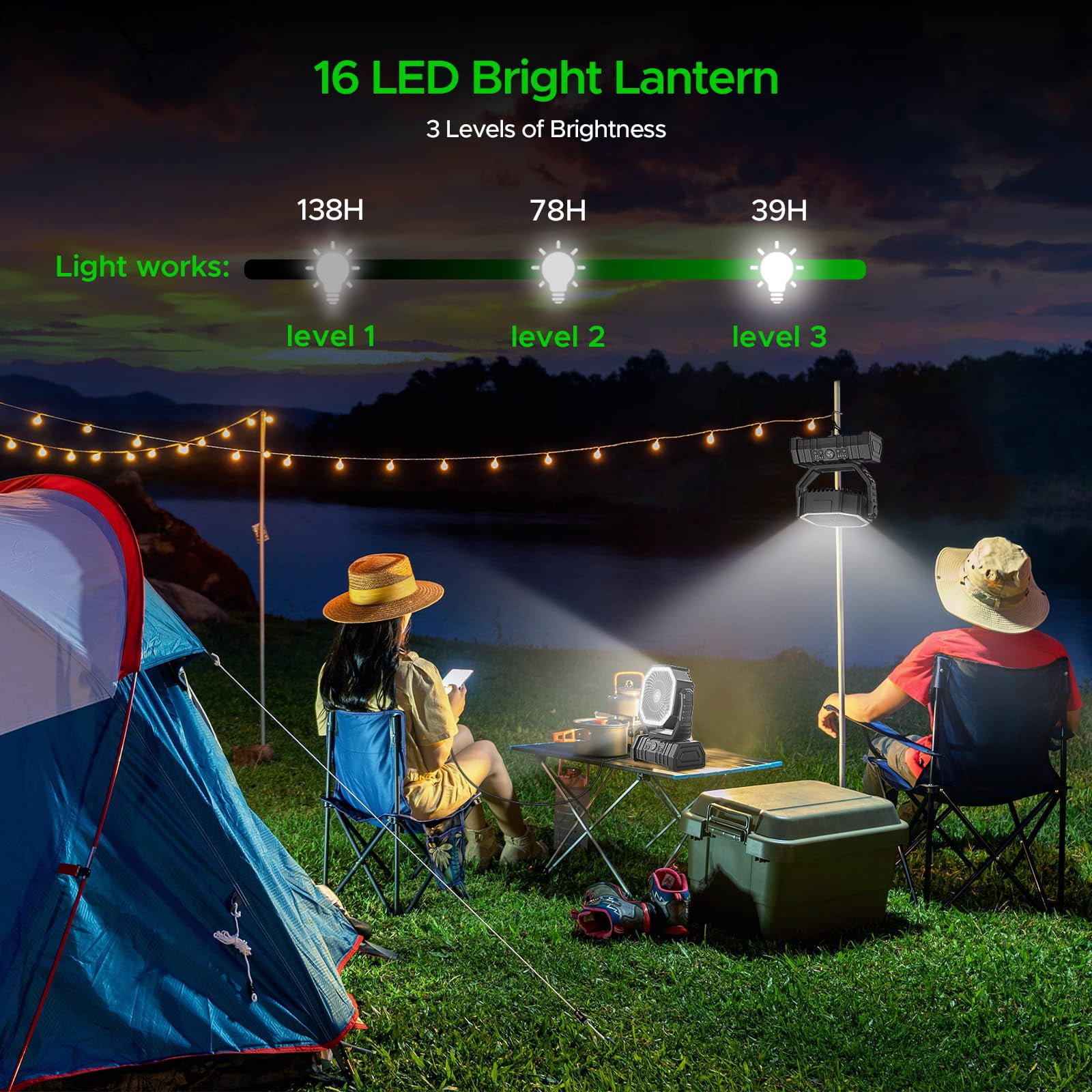 Camping Fan,20000mAh Rechargeable Battery Operated Outdoor Tent Fan with LED Light & Foldable Hook, 4 Speeds with 270° Rotate Pivot for Camping, Barbecue, kitchen, Fishing Construction Sites