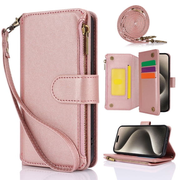 for iPhone 16 Rugged Case, RFID Blocking Wallet Case for Women Men with Card Holder Zipper Magnetic Flip PU Leather Wrist Strap & Shoulder Strap Protective Cover for iPhone 16,Rosegold