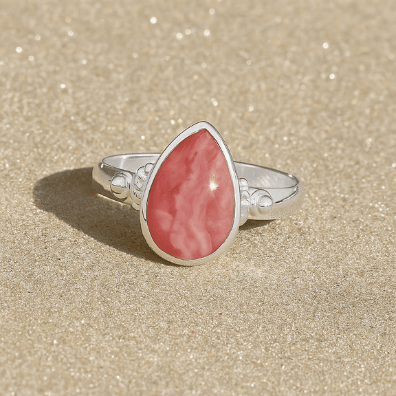 Sechi Genuine Rhodochrosite Ring 925 Sterling Silver - 8x10mm Pear Pink Gemstone Statement Ring for Women (5)