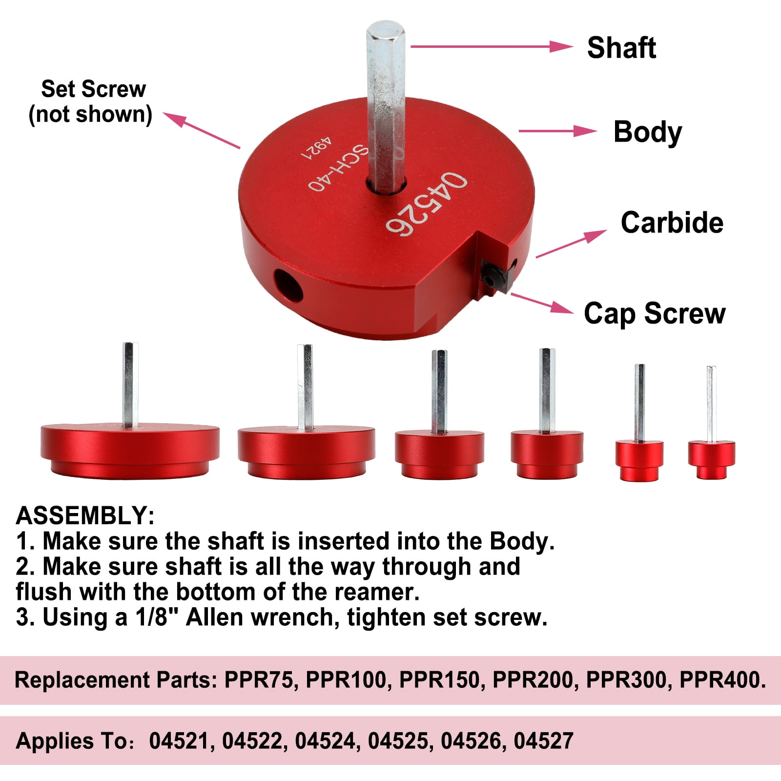 6 PCS  Plastic Pipe Fitting Reamer kIt04529 for PPRK, PVC Reed Pipe Reamer Kit Contains 3/4",1",1-1/2",2",3",4" Aluminum Head Fit into Standard 1/2" Drill for CPVC, PPR or ABS