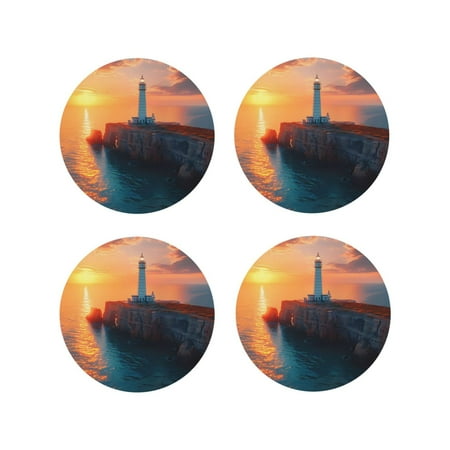 

KLL Drink Coasters Set Round Shape of 4 PU Leather Absorbent Coasters Set Decorative Coffee Cup Coasters Housewarming Gift for Home Decor-Lighthouse At Sunset Coast