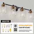 thumbnail image 6 of LIGHTINN Bathroom Dimmable Vanity Light with Cylindrical Clear Striped Glass Shade E26 Socket Base Vintage Fixture 4-Light (Black/Gold), 6 of 7