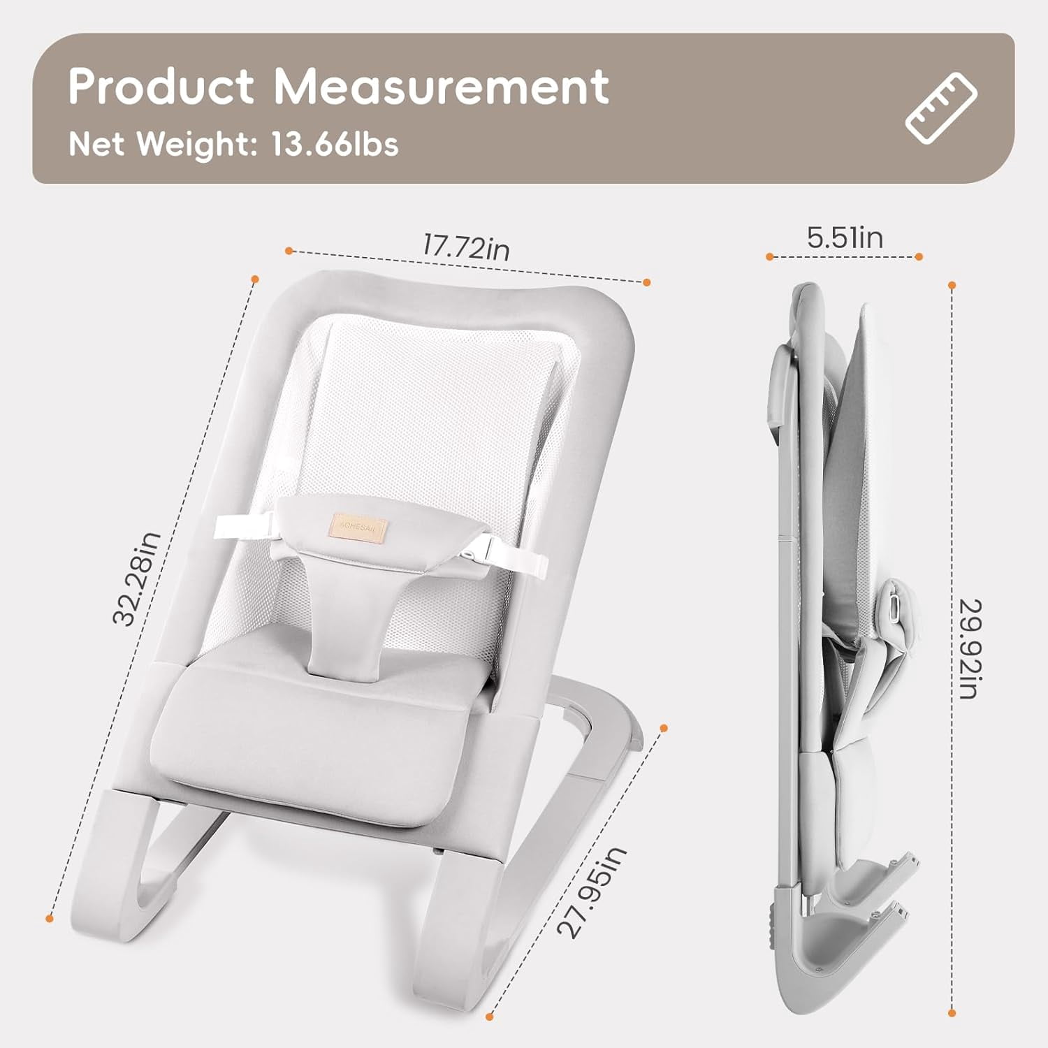 Portable Baby Bouncer & Rocker Seat for Infants, Adjustable Reclining Baby Chair with 3-Point Safety Harness, Lightweight Foldable Design for 0-18 Months, Supports Up to 60 lbs, Grey