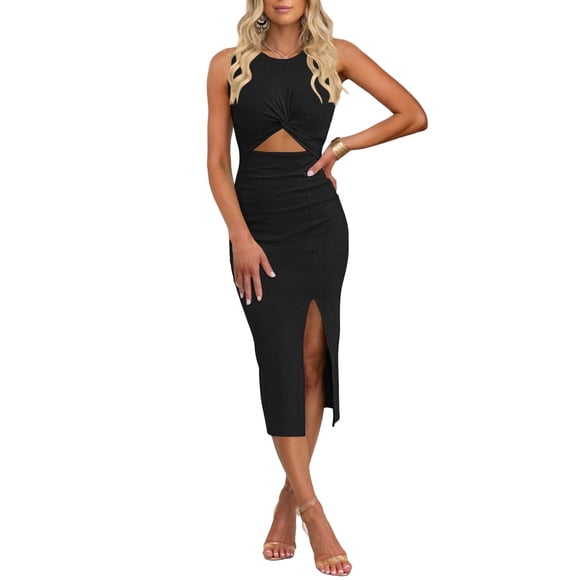 Vestido midi ajustado sin mangas con detalle cutout y tejido acanalado negro