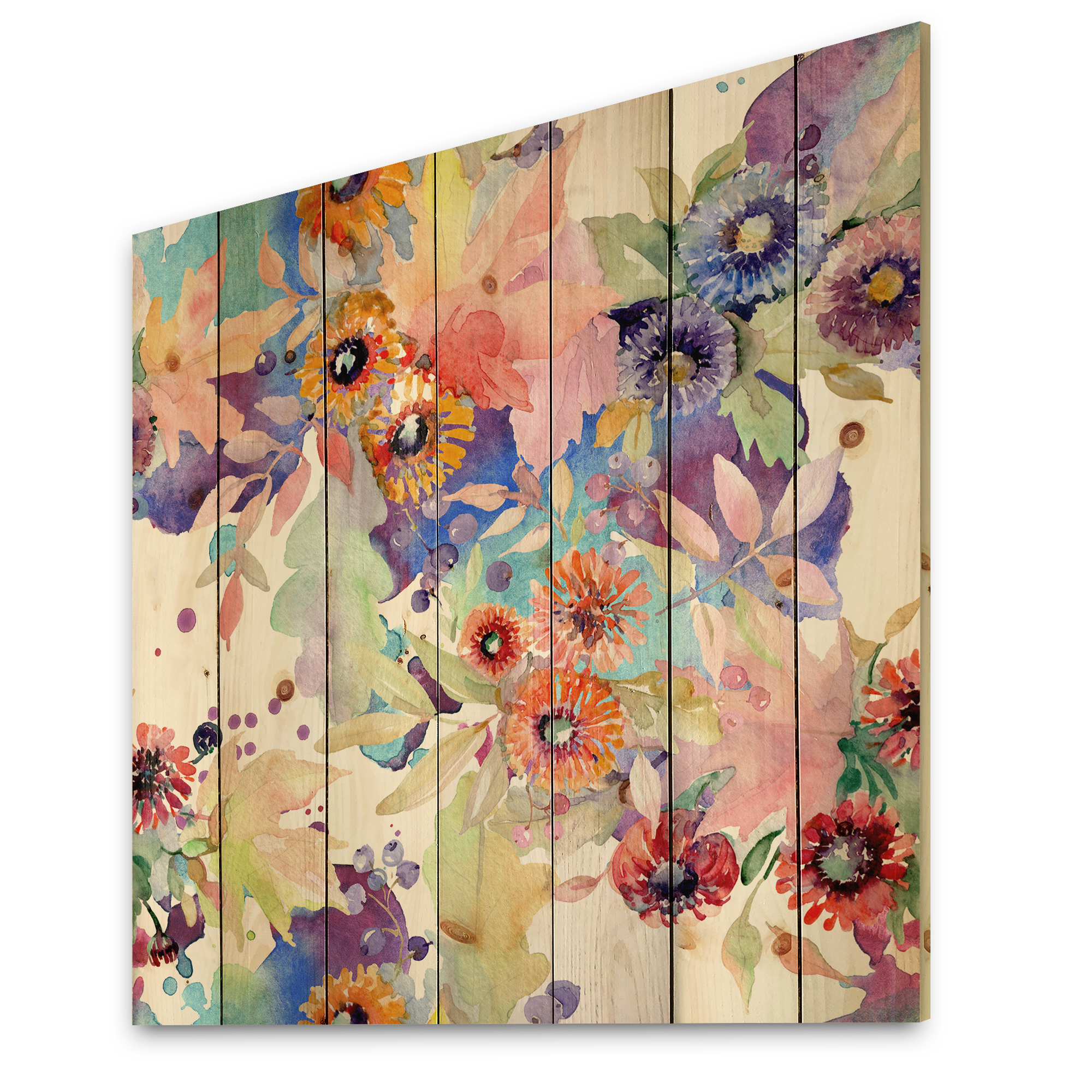 Designart 'Abstract Bouquet Floral Botanical Flowers' Modern Print on Natural Pine Wood