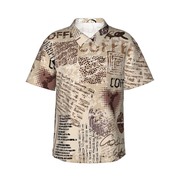 Fotbe Abstract Coffee Pattern With Letters Camisa Hawaiana para Hombre Unisex – Camisa Casual de Verano con Botones de Manga Corta de Algodón y Lino,X-Large