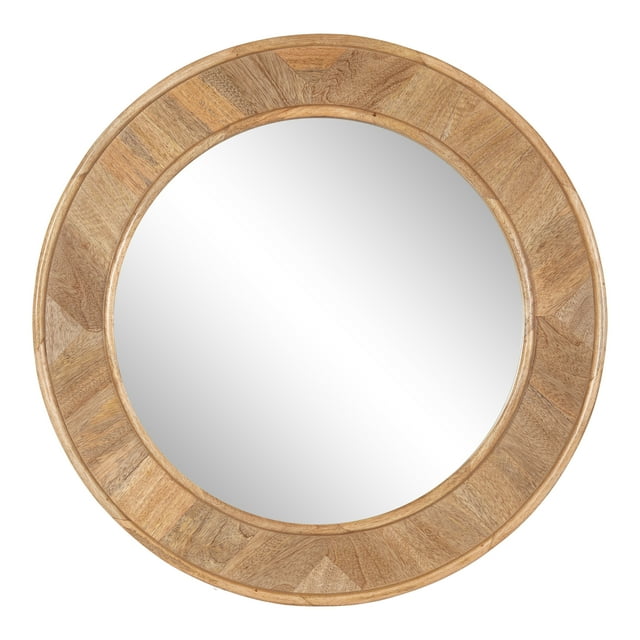 Kate and Laurel Yahna Pieced Wood Round Wall Mirror, 28 Inch Diameter, Natural Brown, Transitional Decorative Circle Bathroom Mirror with Solid Mango Wood Frame