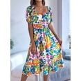 thumbnail image 4 of Women's Short Sleeve A Line Dresses Square Neck Flowy Floral Smocked Midi Dress for Casual Green M, 4 of 10