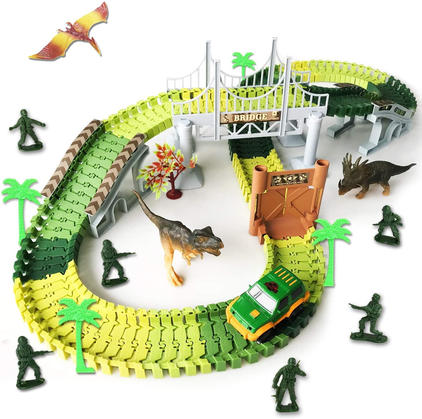 Dinosaur Track Toy Set,144pcs Railway Track Toy, Dinosaur Car Race