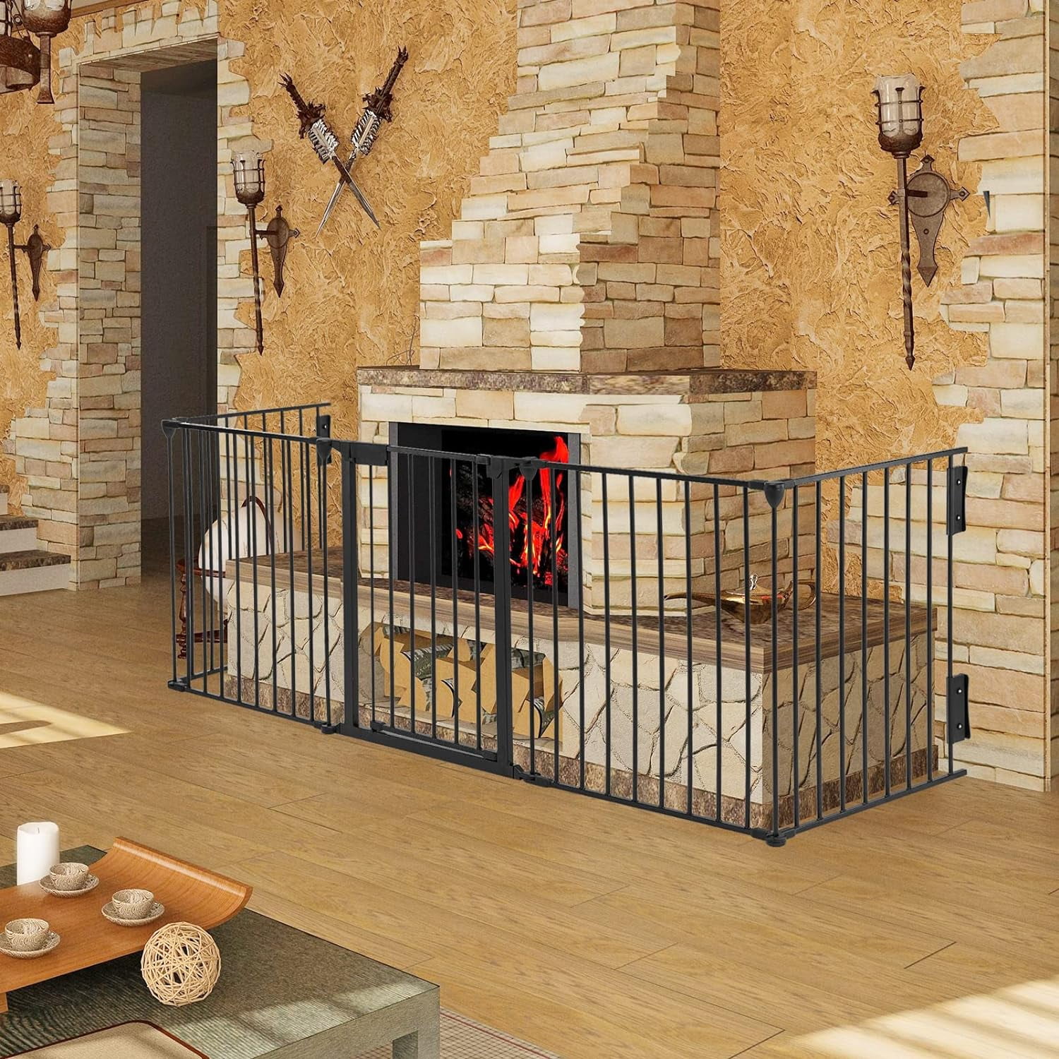 Blotout 118'' Wide Fireplace Safety Fence, Metal Baby Gate with Door, Safety Fence for Baby/Pets/Dogs, 5-Panel