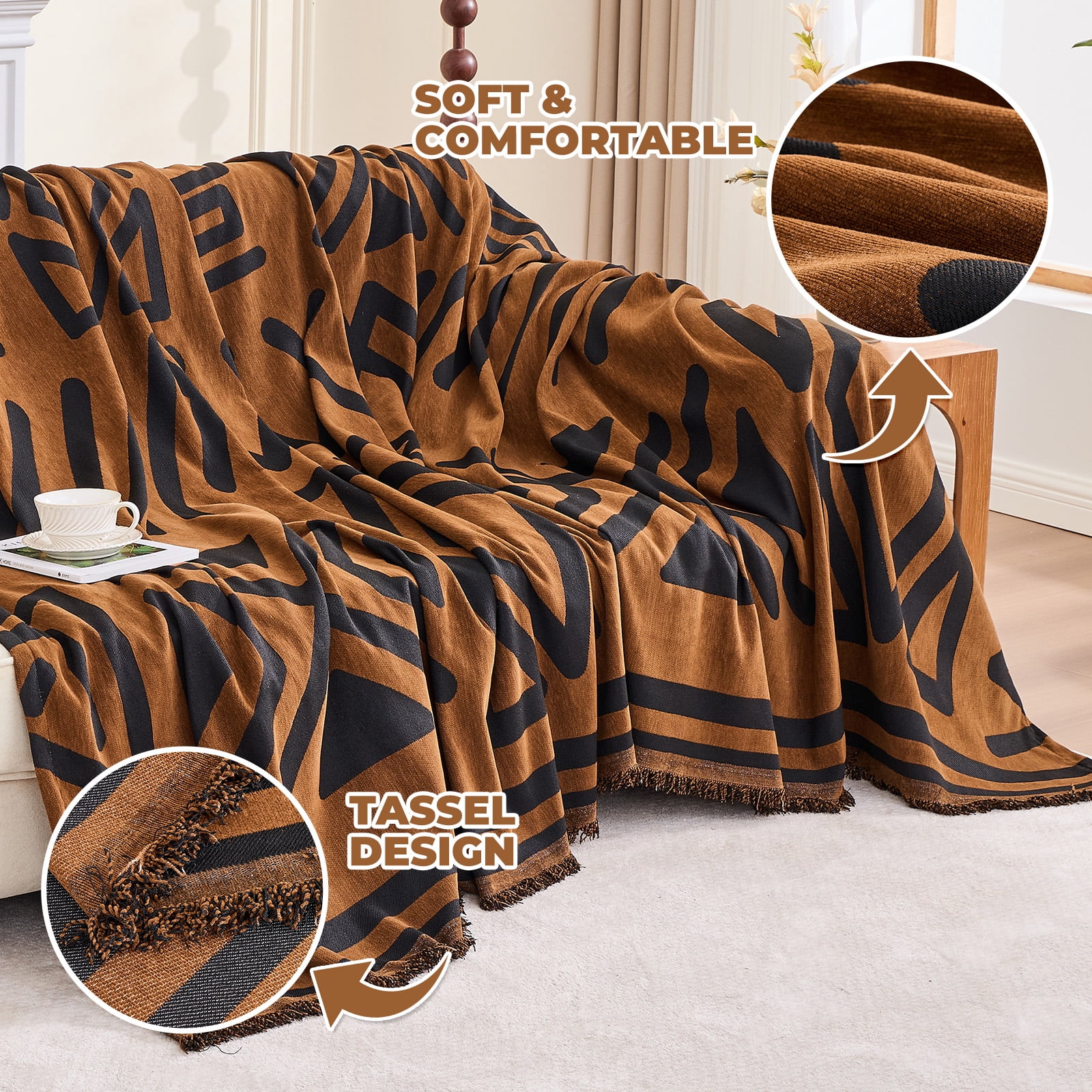 Sanmadrola Boho Sofa Cover Chenille Couch Covers Blanket Furniture Protector for Sectional Sofa, Anti Slip Couch Covers for 2 Cushion Couch, Washable Slipcover for Dog (Dark Brown, 71"x102")