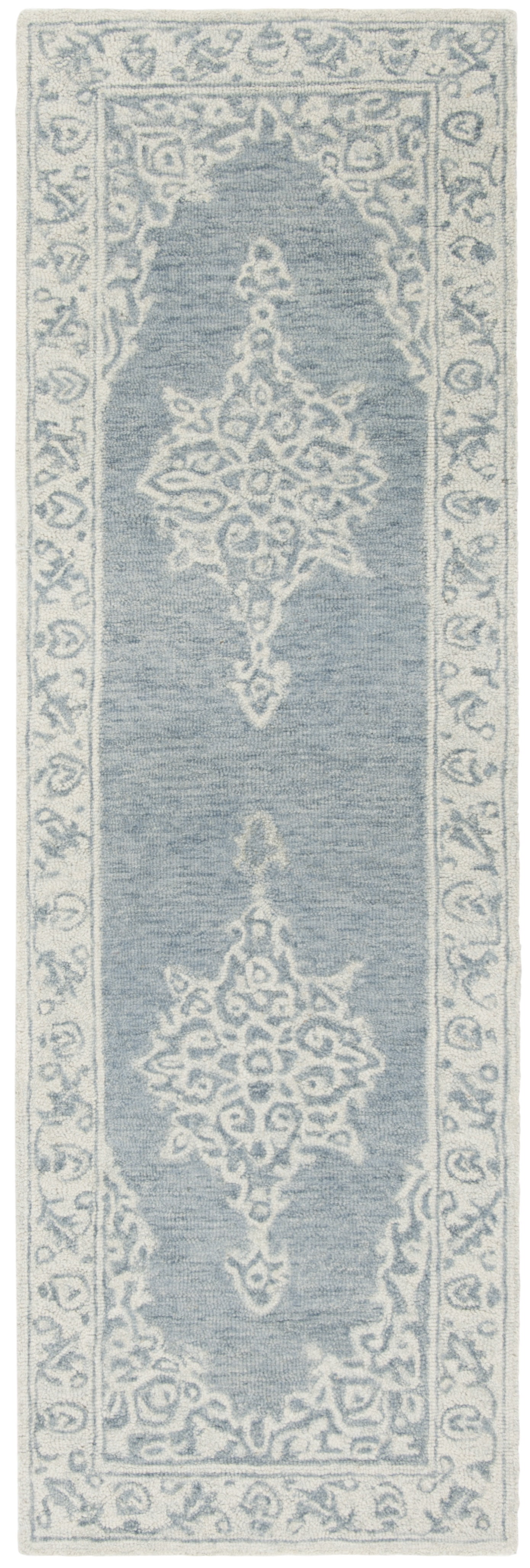 SAFAVIEH Micro-Loop Marina Floral Bordered Wool Runner Rug, Blue/Light Blue, 2'3" x 7'
