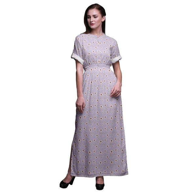 Bimba Rayon Mignon Dahlia Floral Womens Printed Side Slit SummerDressLong Maxi Gown-Large