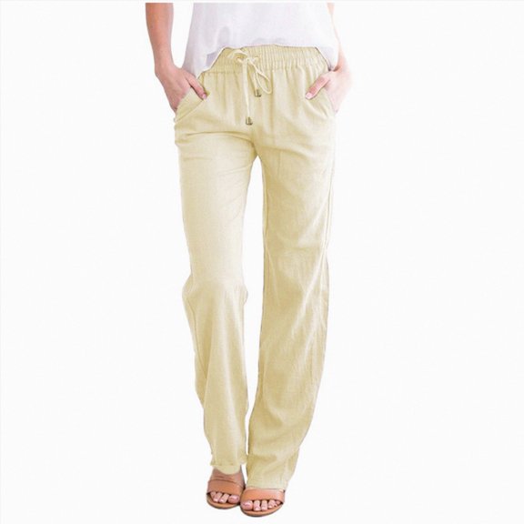 UOCUFY Womens Casual Linen High Waist Pants Drawstring Loose Fit Summer Pants Trousers with Side Pockets Beige,Size S