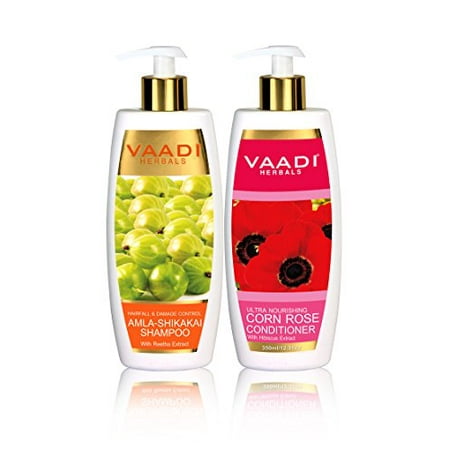 Vaadi Herbals Amla Shikakai Hair fall and Damage Control Shampoo, 350ml with Corn Rose Conditioner, (Best Ayurvedic Medicine For Hair Fall)