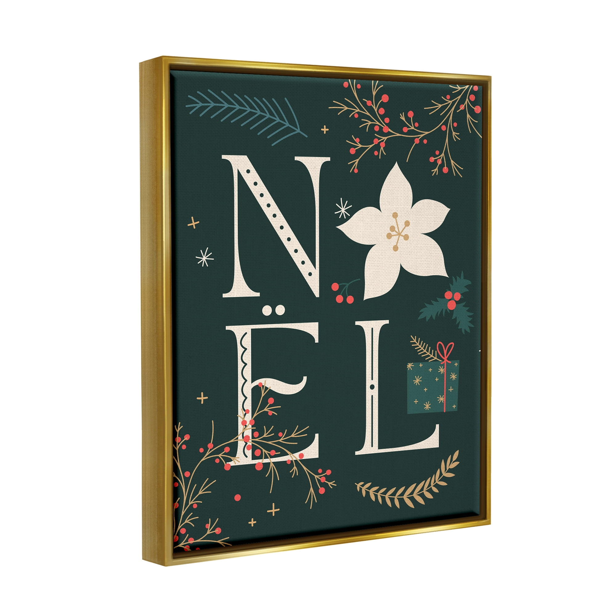 Stupell Industries Noel with Christmas Bloom Holiday Painting Gold Floater Framed Canvas Art Print Wall Art, 17 x 21