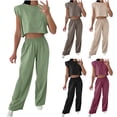 thumbnail image 2 of Tumotour Two Piece Sets For Women Casual Outfits Round Neck Sleeveless Crop Top Wide Leg Pants Lounge Beach Travel Sets, 2 of 3