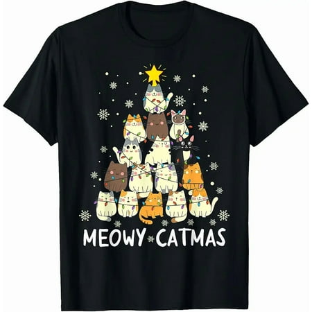 Meowy Holiday Cat Tree Girls Boys Feline Cute Winter Holiday Unisex T-Shirt up to size 5XL