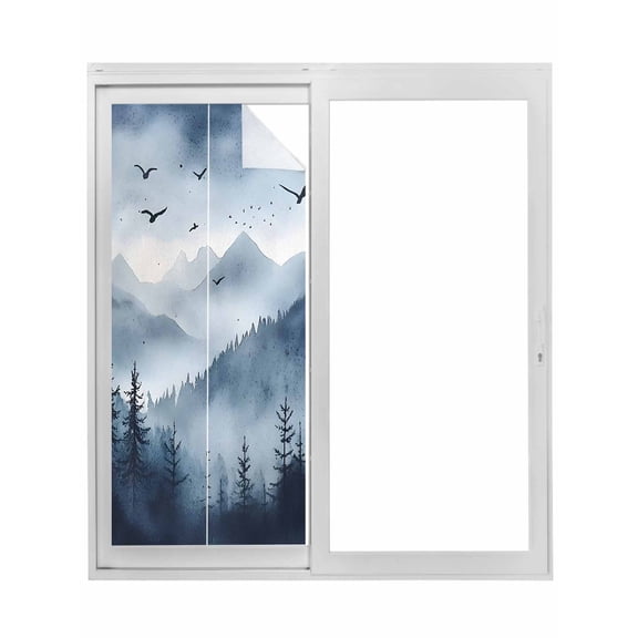 Blue Mountain Peak Window Privacy Film, Forest Tree Bird Fog Landscape Static Cling UV Sun Blocking Tint Film Heat Control Windows Films for Bedroom Bathroom, Window Stickers 29.5"x78.7"