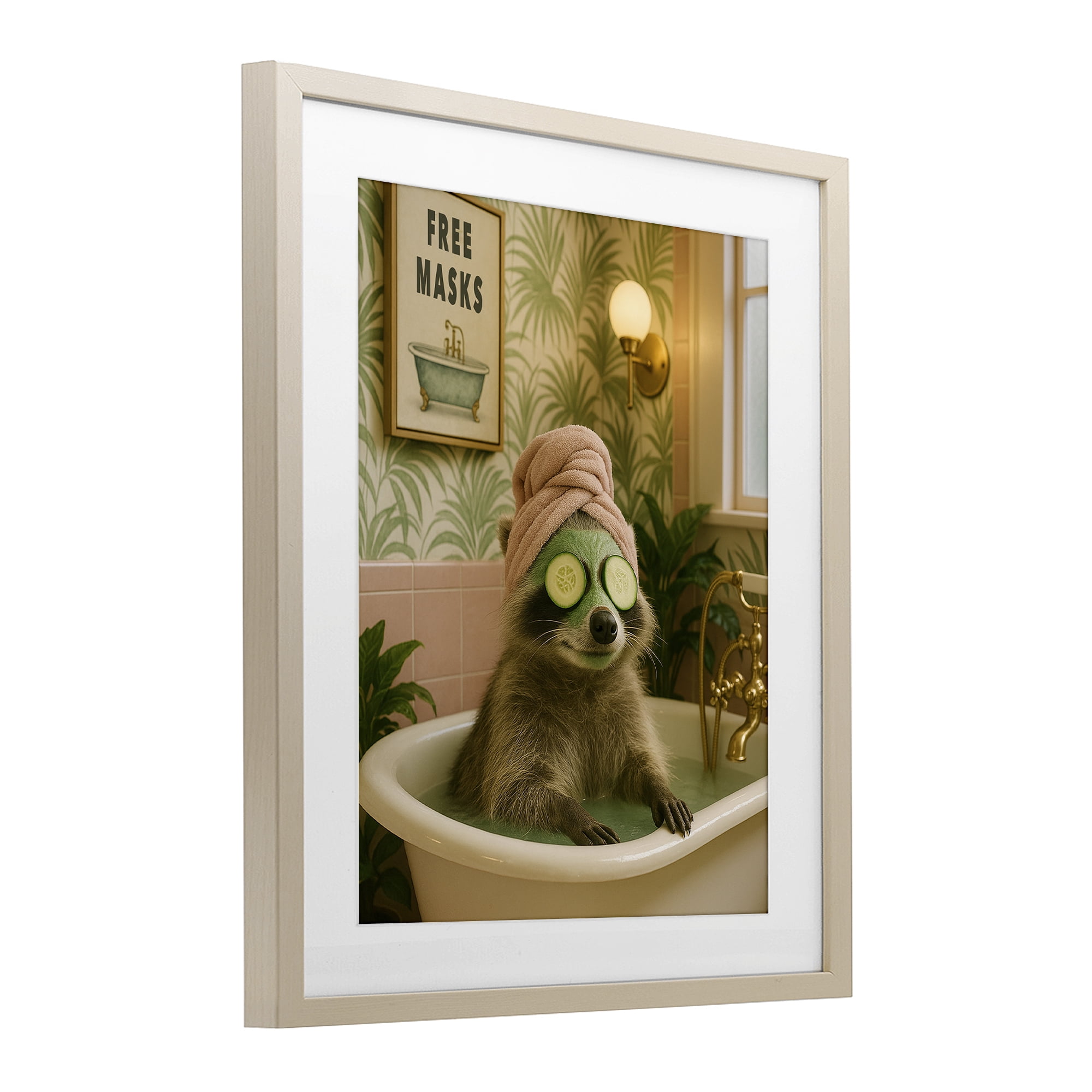 Stupell Industries Raccoon Spa Day Bath Birch Framed Print Under Glass, design by Grotto Studios