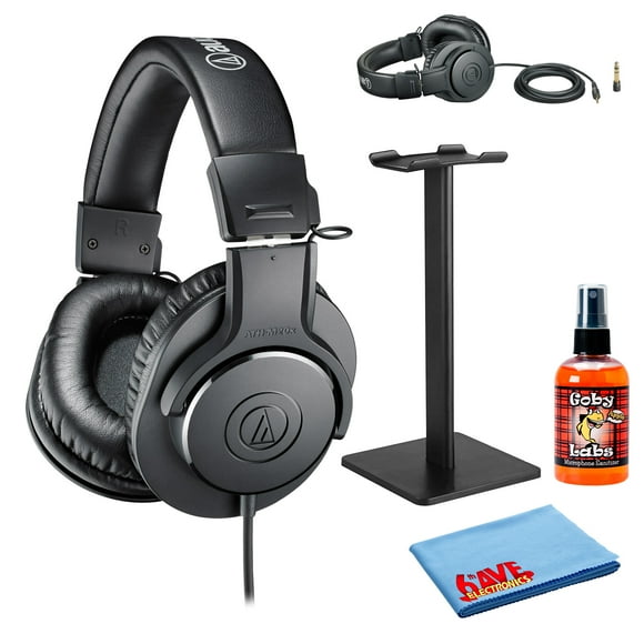 Audio-Technica ATH-M20x Professional Studio Monitor Headphones with Headphone Stand & Goby Labs Headphone Cleaner w/Cloth