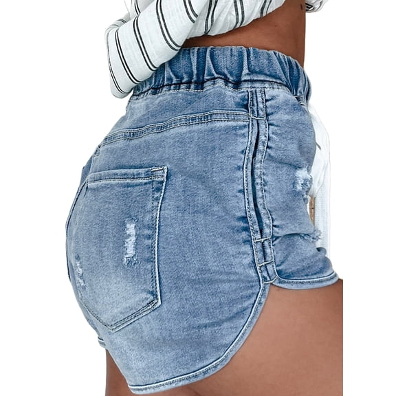 Women's High Waist Distressed Denim Shorts – Casual Drawstring Blue Jean Bottoms | 10