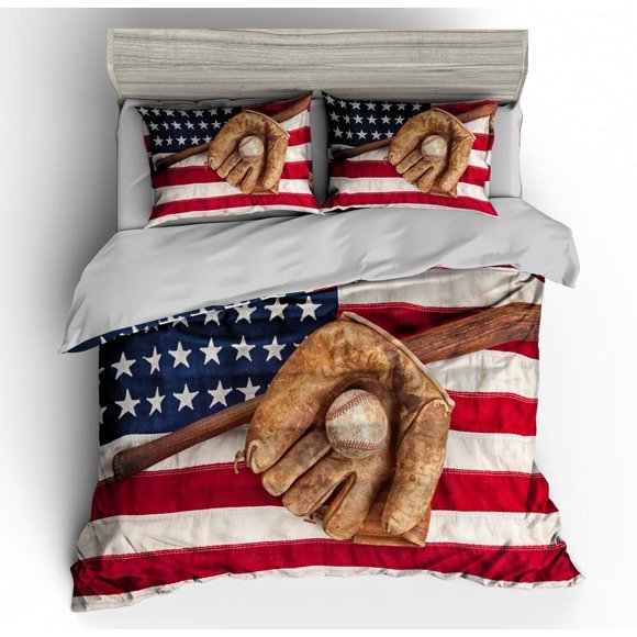 SHOMPE 3D American Flag Baseball Comforter Sets Full Size Boys Sports Bedding