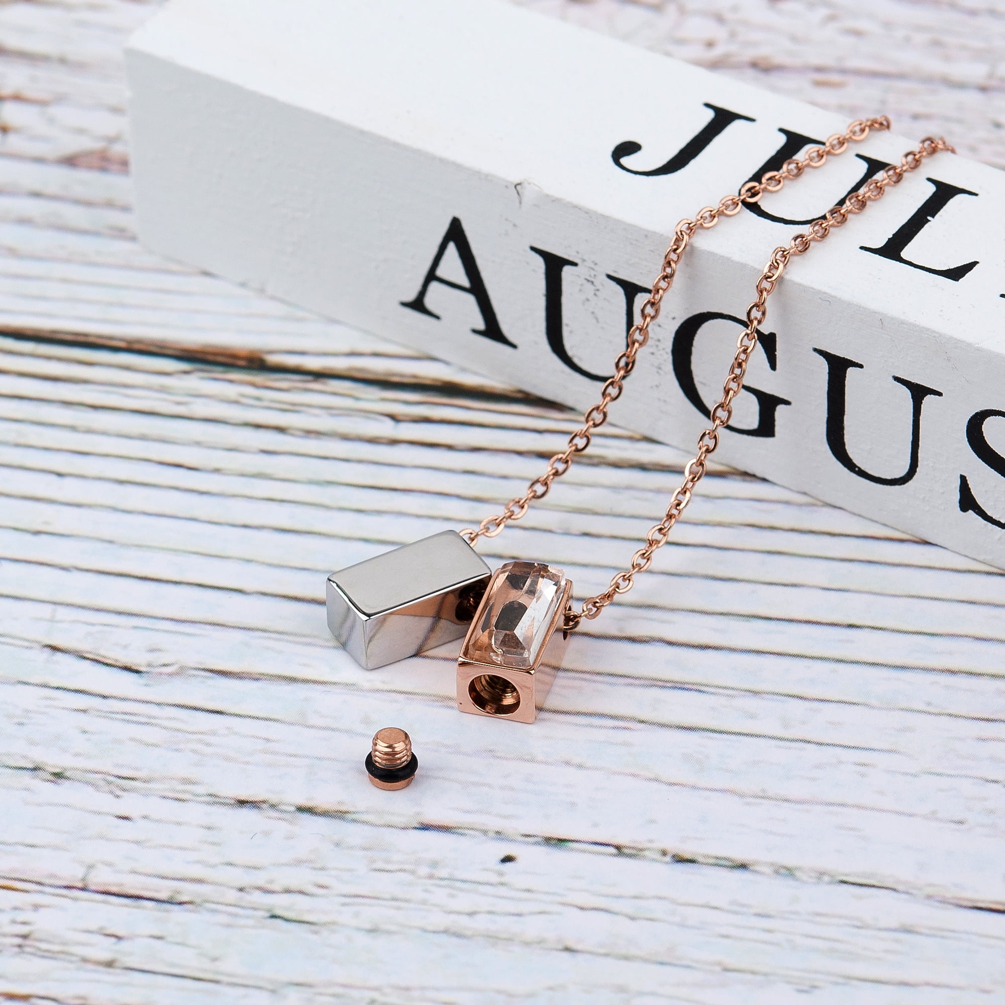 Anavia See You Cremation Necklace for Ashes, Mini See Through Urn Necklace, Mini Cube Cremation Pendant, Cremation Jewelry, Memorial Jewelry, Mini Urn-[Silver & Rose Gold]