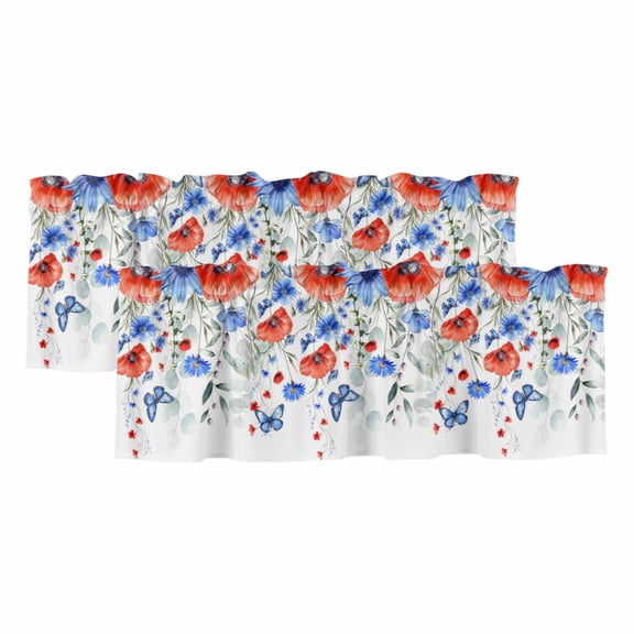 Red Blue Flowers Valances for Windows, Spring Floral Elegant Pastoral Watercolor Light Filtering Kitchen Curtains, Rod Pocket Window Valance Curtains for Living Room Bedroom, 42" W x 12" L, 2 Panels