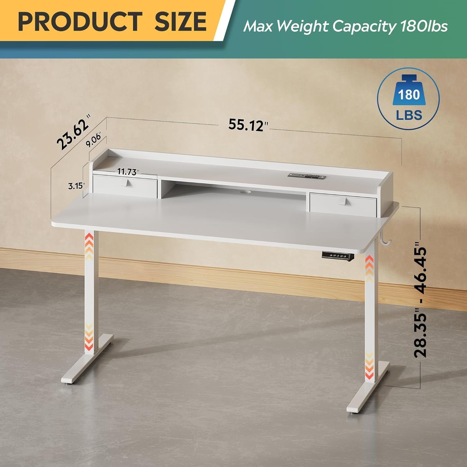 55×28 Inch Electric Standing Desk with Drawers, Computer Desk with 3 Adjustable Height, Storage Shelf and Built-in USB Outlet, Memory Preset, Sit to Stand Desk for Home Office, White