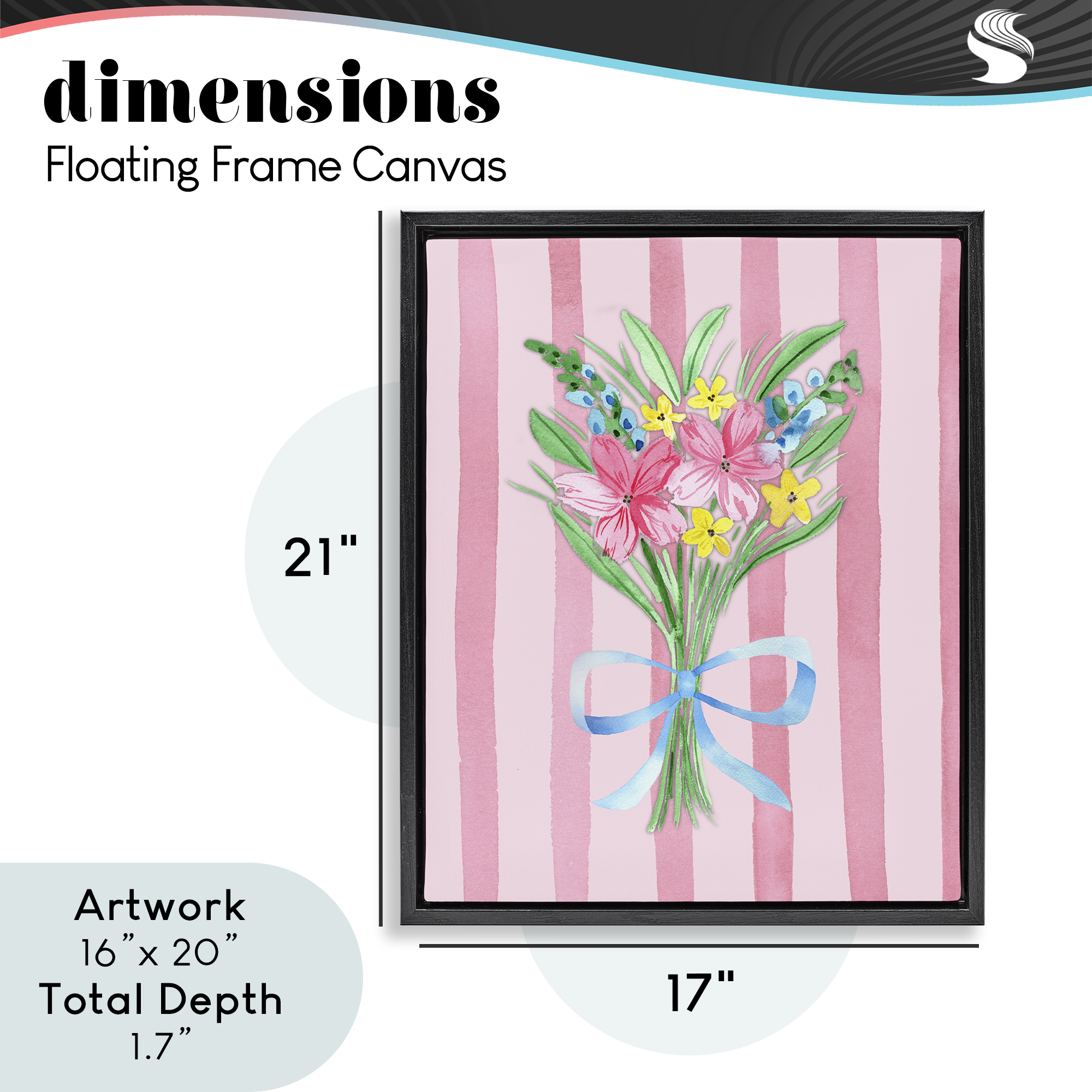 Spring Bouquet & Bow Stripes Black Framed Floater Canvas Wall Art, design by Nina Jacobs