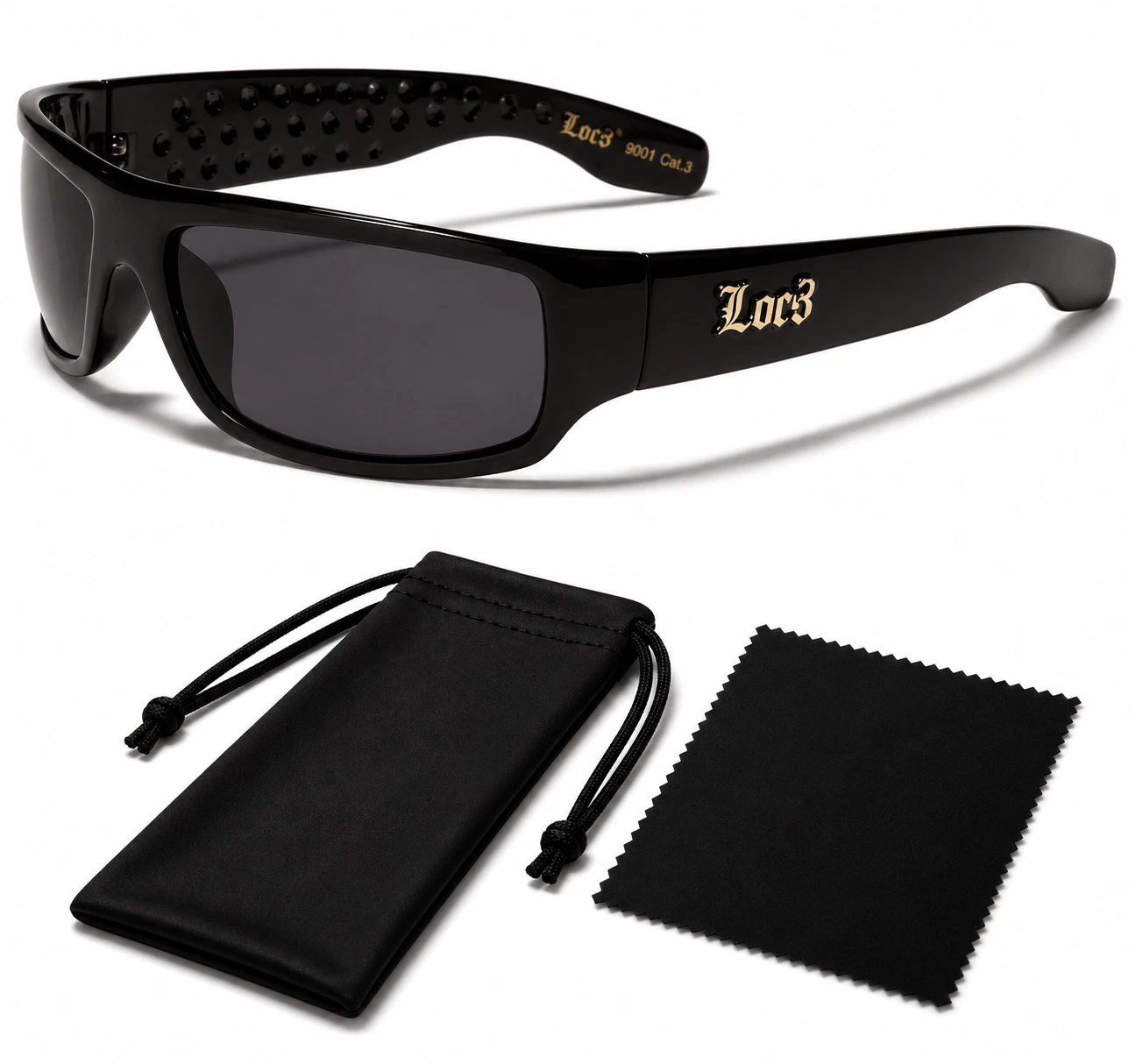 Locs Men's Rectangular Wrap Sunglasses, Gloss Black Frame, 63mm