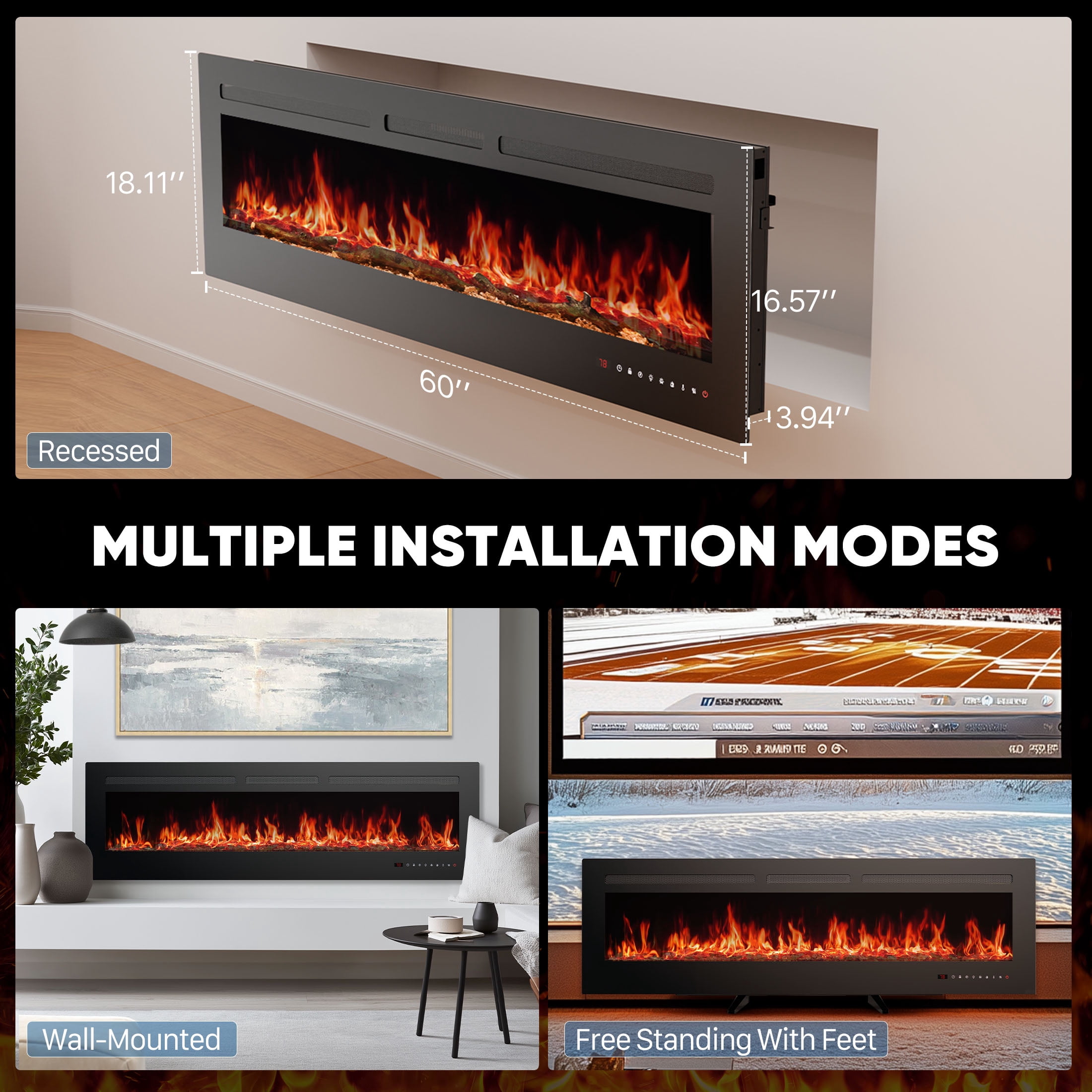 edx 60'' Electric Fireplace, 1500W/750W Wall Mount or Recessed Fireplace Insert and Freestanding, Electric Fireplace Heater with Remote Control,13 Adjustable Flame Color, 12H Timer, Touch Screen