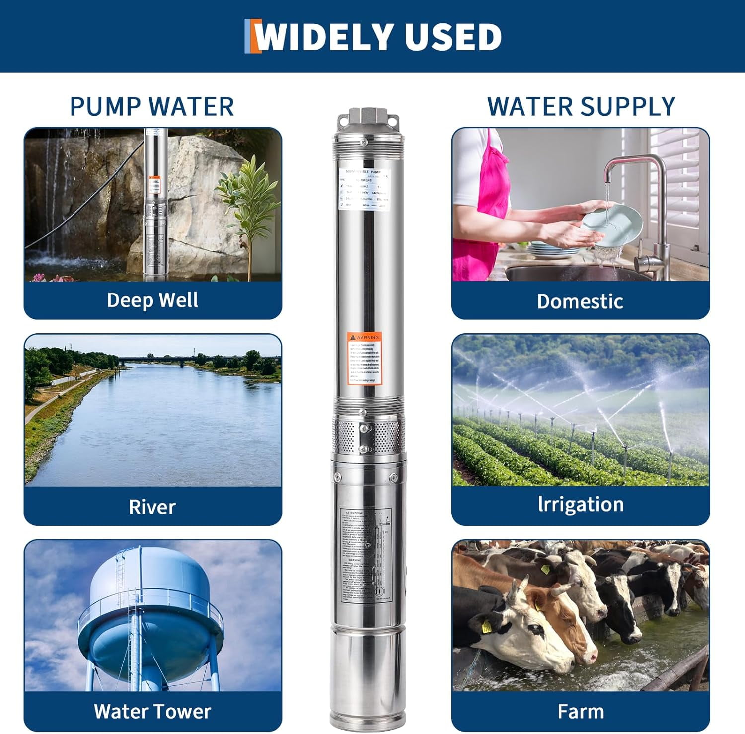 Deep Well Submersible Pump 4" Stainless Steel Water Pumps with 33ft Electric Cord & Check Valve for Industrial, Irrigation&Home Use, IP68 Waterproof Grade